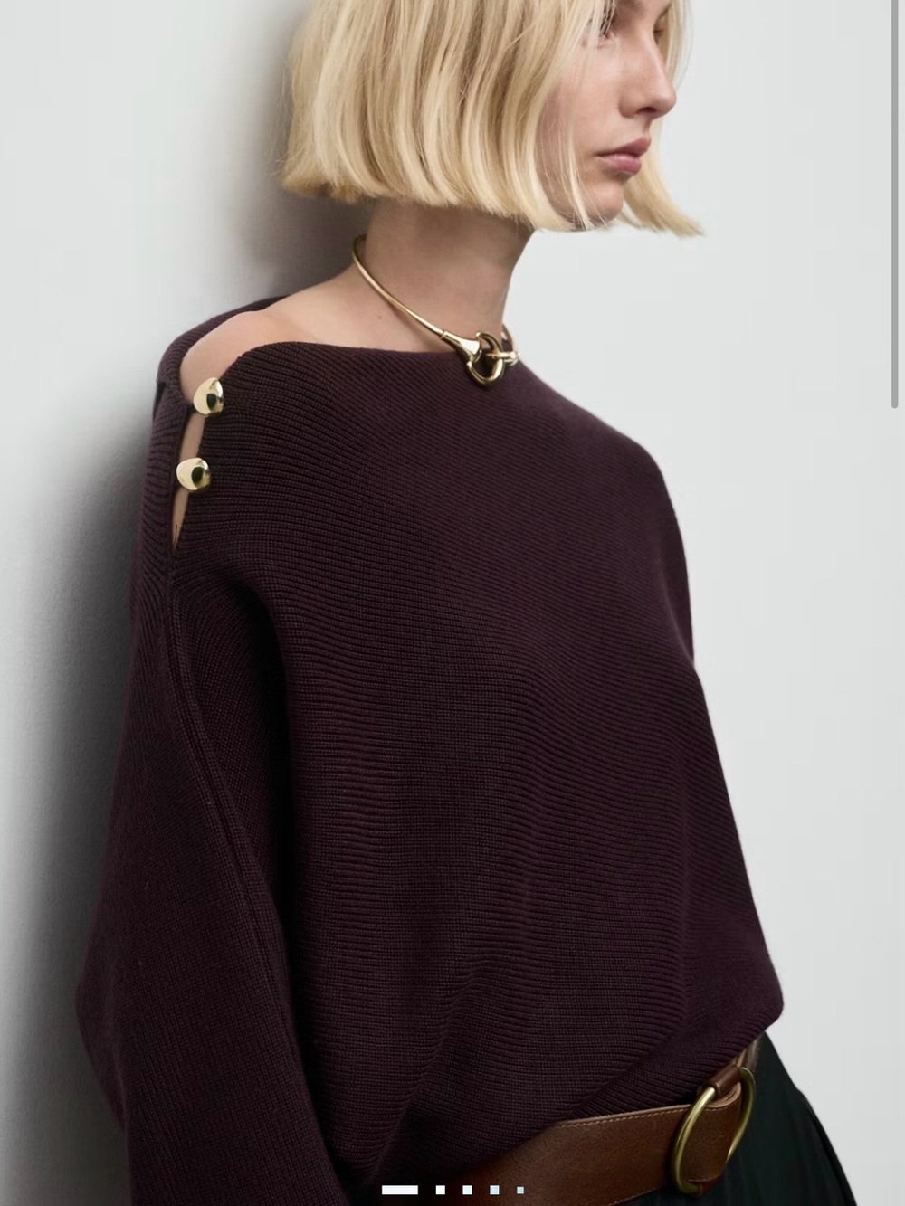 Mango Plum Off-the-Shoulder Sweater with Gold Buttons